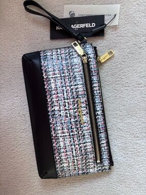 Karl Lagerfeld Black Tweed-Pattern Wristlet Clutch